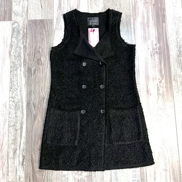 NWT Sanctuary Essential City Vest Sz S Black Double Breasted Teddy Wool Blend - Picture 2 of 16
